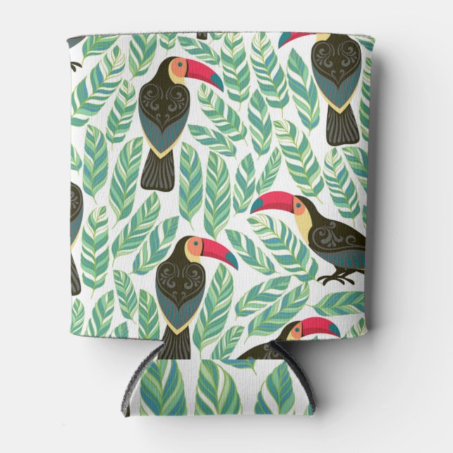 Toucans, tropische Blätter, dekorative Muster. Dosenkühler (Vorderseite)