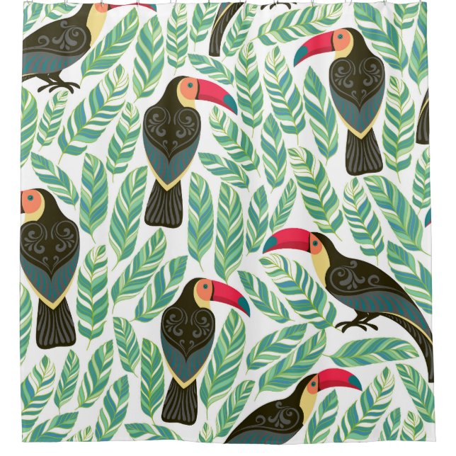 Toucans, tropische Blätter, dekorative Muster. Duschvorhang (Vorderseite)