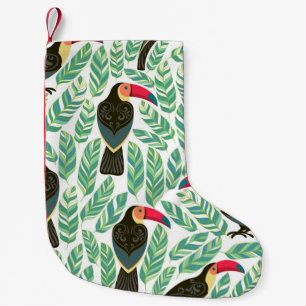 Toucans, tropische Blätter, dekorative Muster. Kleiner Weihnachtsstrumpf