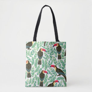 Toucans, tropische Blätter, dekorative Muster. Tasche
