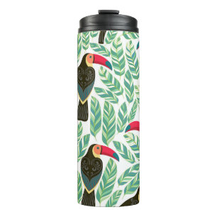 Toucans, tropische Blätter, dekorative Muster. Thermosbecher