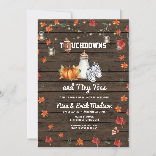 Touchdown Football Tiny Toes Pumpkin Baby Dusche Einladung (Vorderseite)
