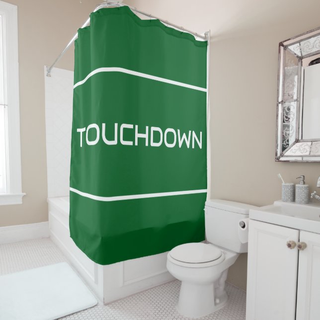 TOUCHDOWN Modern White Text Stripes On Deep Green Duschvorhang (Beispiel)