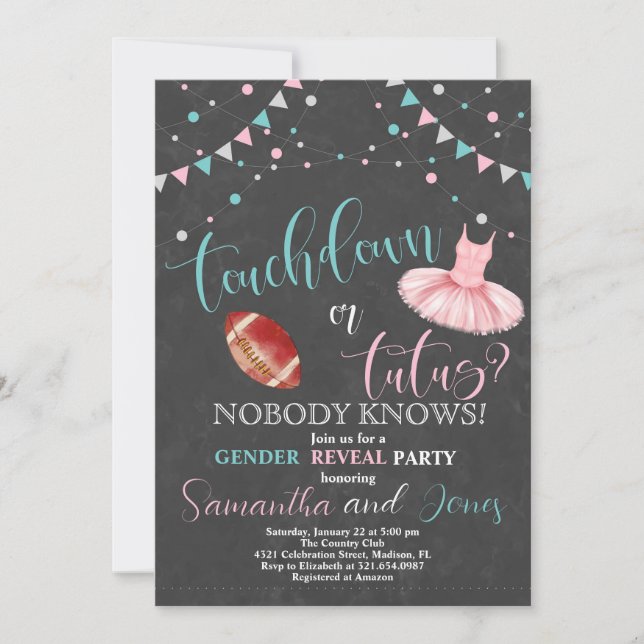 Touchdown oder Tutus Gender Reveal Party Einladung (Vorderseite)