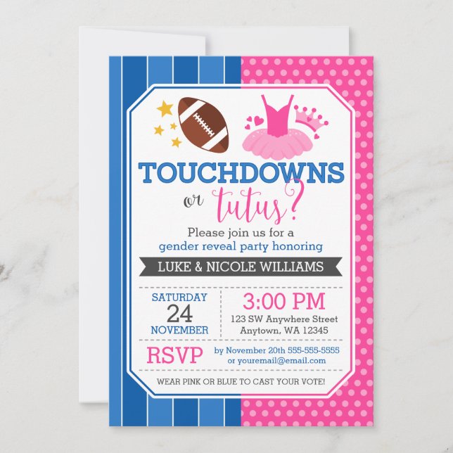 Touchdowns oder Tutus Blue Pink Gender Reveal Part Einladung (Vorderseite)