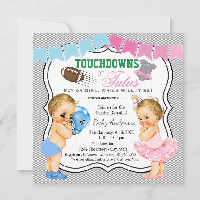 Touchdowns oder Tutus Gender Reveal Einladung (Vorderseite)