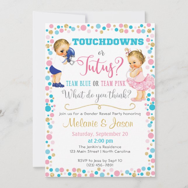Touchdowns oder Tutus Gender Reveal Einladung (Vorderseite)