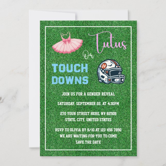 Touchdowns oder Tutus Gender Reveal Einladung (Vorderseite)