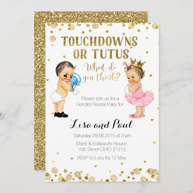 Touchdowns oder Tutus Gender Reveal Einladung Gold (Vorne/Hinten)