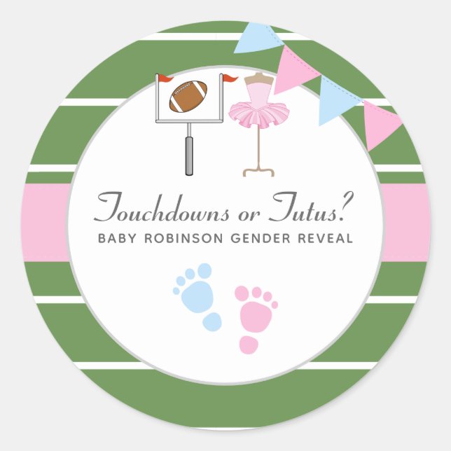 Touchdowns oder Tutus Gender Reveal Party Runder Aufkleber (Vorderseite)