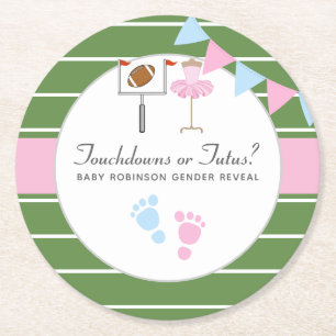 Touchdowns oder Tutus Gender Reveal Party Runder Pappuntersetzer