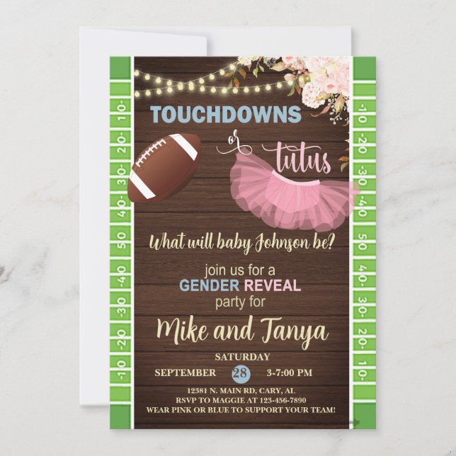 Touchdowns oder Tutus Geschlecht-Enthüllungs-Einla Einladung (Vorderseite)