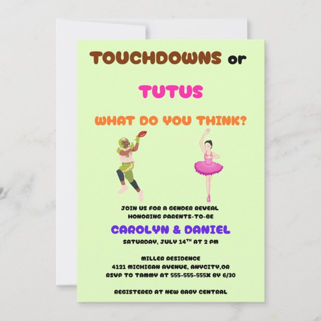 Touchdowns oder Tutus-Geschlecht offenbaren Party Einladung (Vorderseite)