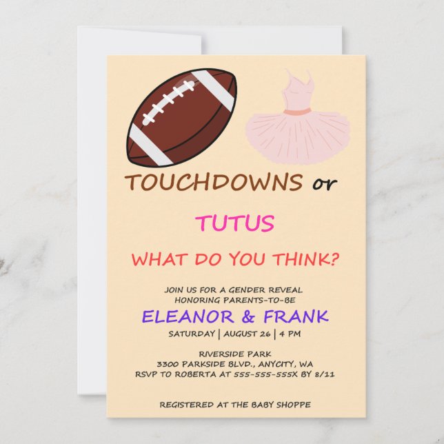 Touchdowns oder Tutus-Geschlecht offenbaren Party Einladung (Vorderseite)