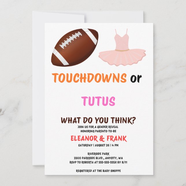 Touchdowns oder Tutus-Geschlecht offenbaren Party Einladung (Vorderseite)