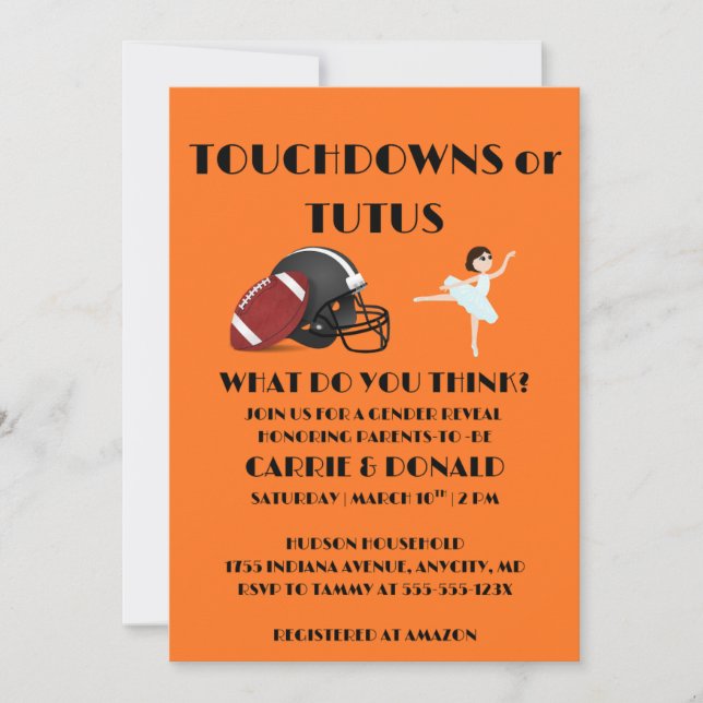Touchdowns oder Tutus Geschlechtsenthüllungsfeier  Einladung (Vorderseite)