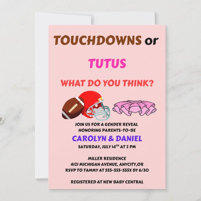 Touchdowns oder Tutus Geschlechtsenthüllungsfeier Einladung (Vorderseite)