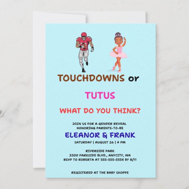 Touchdowns oder Tutus Geschlechtsenthüllungsfeier Einladung (Vorderseite)