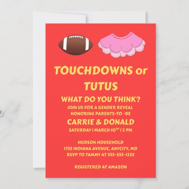 Touchdowns oder Tutus Geschlechtsenthüllungsfeier Einladung (Vorderseite)