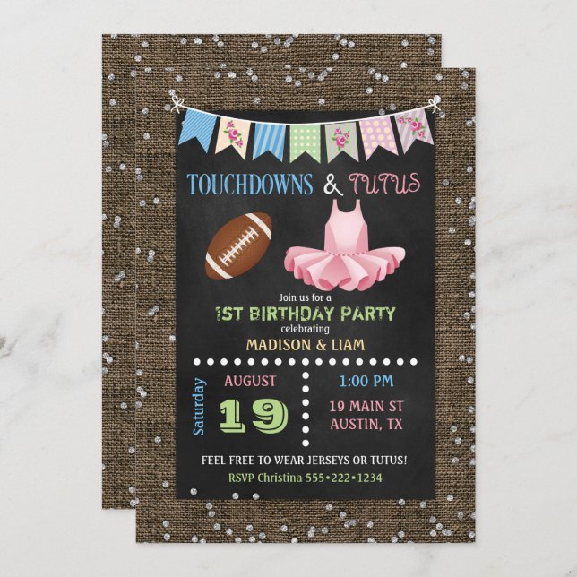 Touchdowns & Tutus Twins Geburtstag oder Babydusch Einladung (Vorne/Hinten)