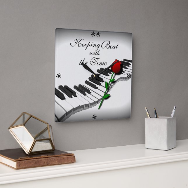 Touches de piano ondulées et rose rouge - Horloge  (Bureau)