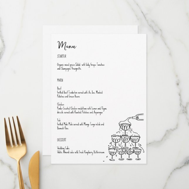 Tour de champagne à la main Carte menu (Devant/Arrière en situation)