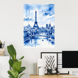 Tour Eiffel de Paris Affiche Aquarelle Bleue Fra