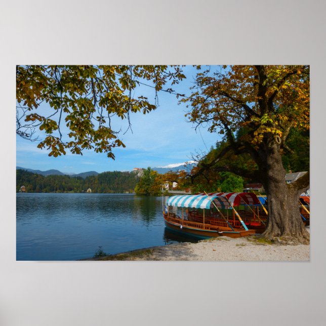 Touristenboote im Bled-See im Herbst Poster (Vorne)