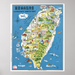 Touristenkarte Taiwans mit ausgewählten Orten des Poster