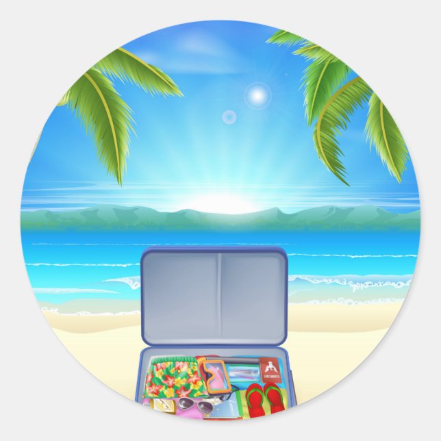 Touristischer Koffer auf tropischem Strand Runder Aufkleber (Vorderseite)