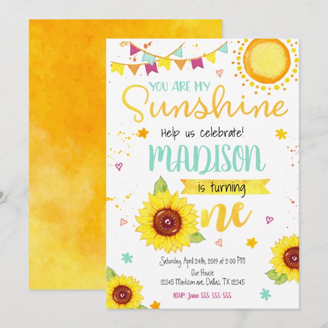 Tournesol 1er anniversaire Invitation pour une fil (Devant / Derrière)