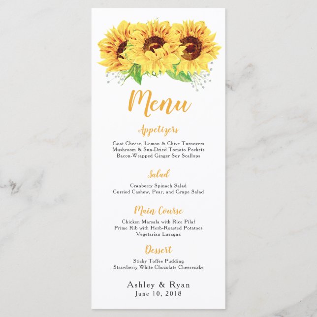 Tournesol Aquarelle Floral Menu Mariage (Devant)