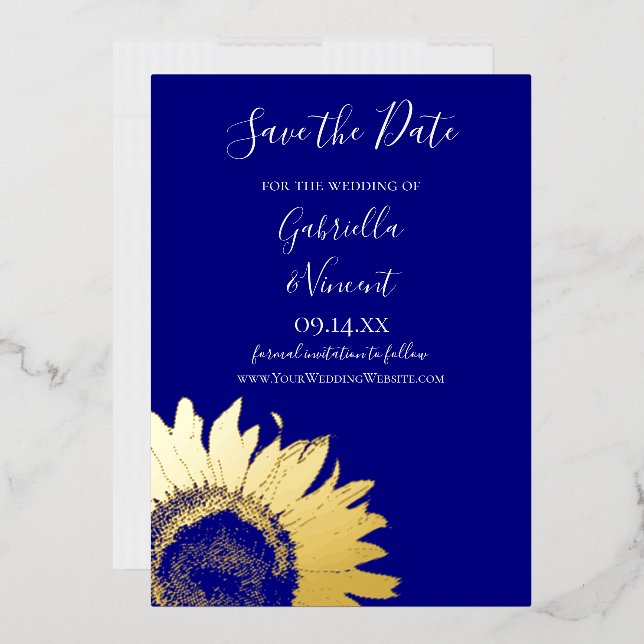 Tournesol doré sur carte de mariage bleu marine à  (Enveloppe)