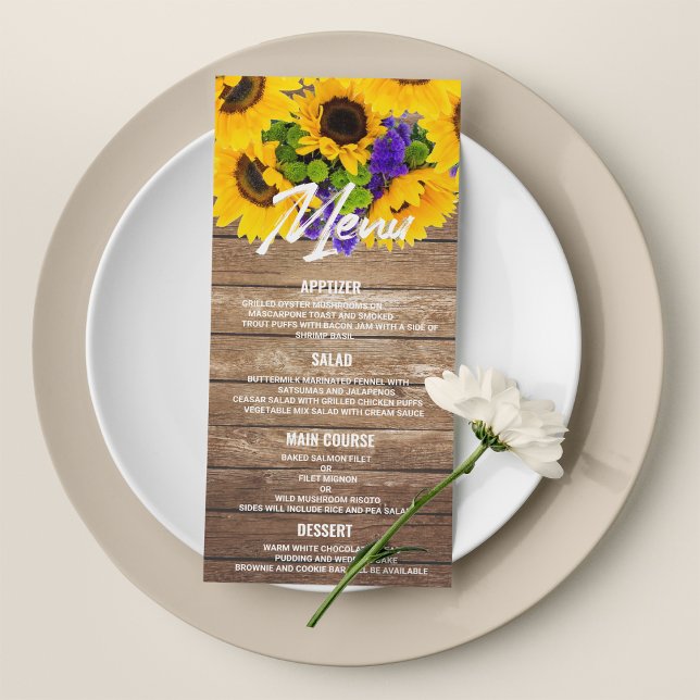 Tournesol en bois brun rustique Mariage Menu (Rustic brown wood sunflower floral Wedding Menu )
