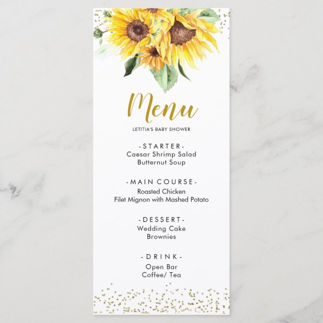 Tournesol est sur le chemin Baby shower Menu (Devant)