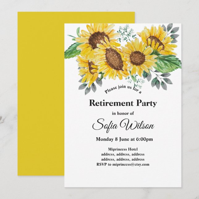 tournesol, invitation à la fête de retraite floral (Devant / Derrière)