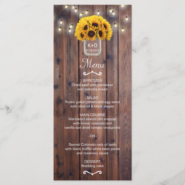 Tournesol Jar String Lights Rustic Mariage Menu (Devant)