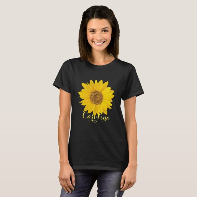 Tournesol jaune avec nom personnalisé T-shirt fonc (Devant entier)