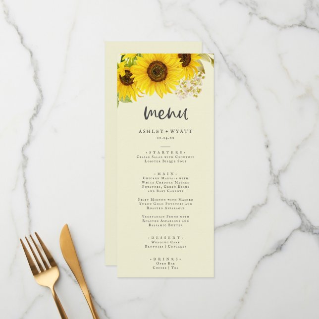 Tournesol | Menu Dîner Mariage Jaune (Devant/Arrière en situation)