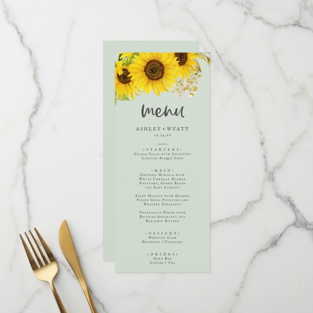 Tournesol | Menu Dîner Mariage Mint (Devant/Arrière en situation)