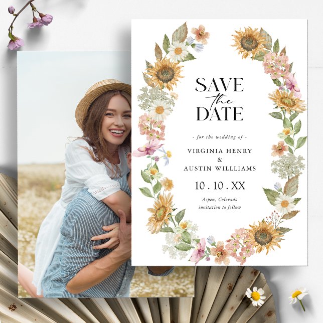 Tournesol Photo Enregistrer la carte Date (Watercolor Wildflower Sunflower Wreath Floral Photo Save the Date Card
by Painted Paperie)