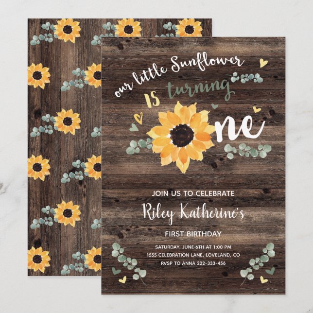 Tournesol rustique 1er anniversaire Invitation (Devant / Derrière)