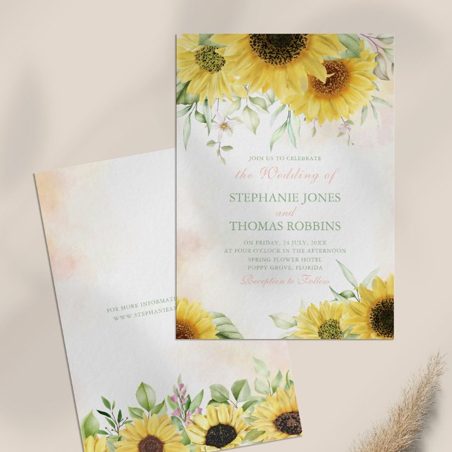 Tournesol rustique délice Faire-part de mariage (Rustic Sunflower Delight Wedding Invitation on a table.)