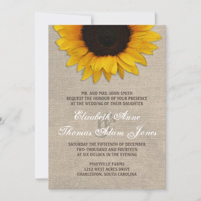 Tournesol rustique et Faire-part de mariage Burlap (Devant)