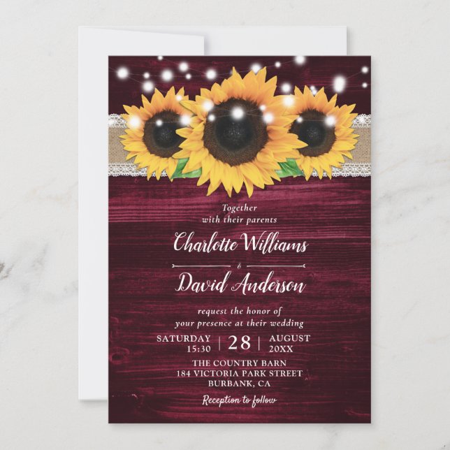 Tournesol rustique et mariage bourgogne invitation (Devant)