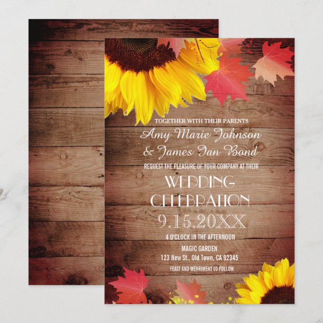 Tournesol rustique Grange Bois Mariage Invitations (Devant / Derrière)