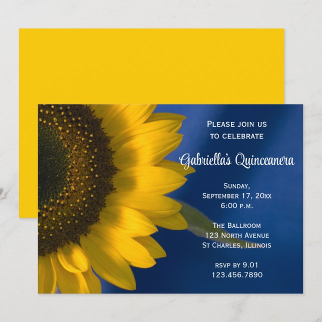 Tournesol sur Quinceanera bleu Invitation (Devant / Derrière)