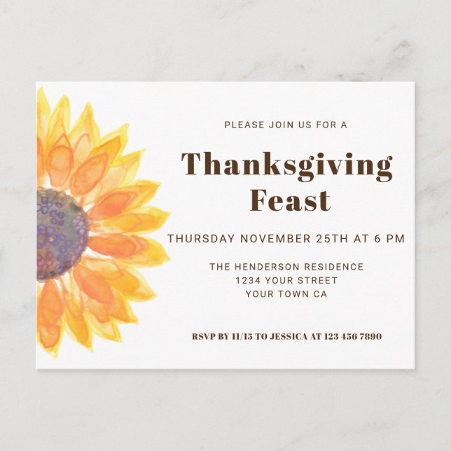Tournesol Thanksgiving Diner Invitation Carte post (Devant)