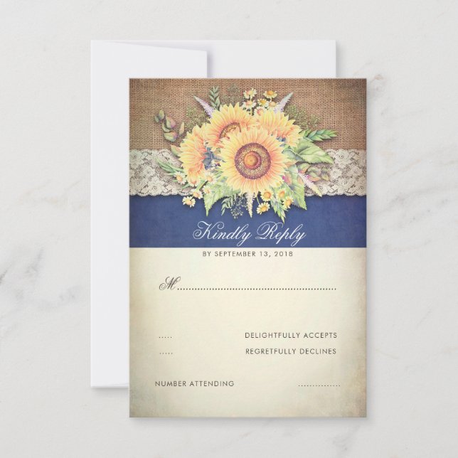 Tournesols rustiques Burlap Marine Wedding RSVP (Devant)