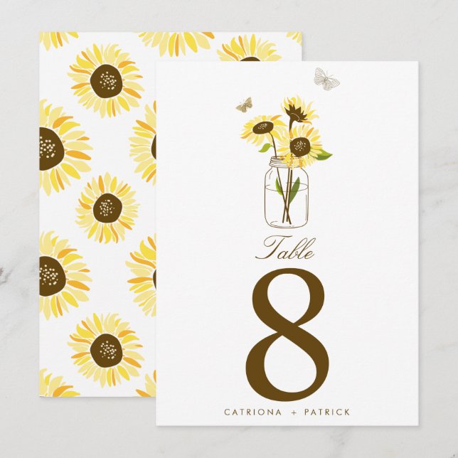 Tournesols rustiques sur numéros de table en bocau (Devant / Derrière)